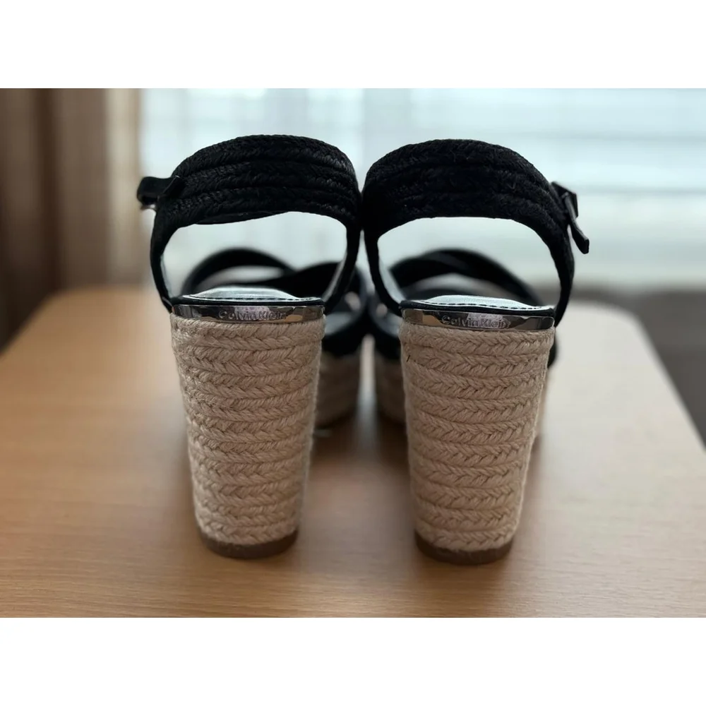 CALVIN KLEIN ELORY Suede LEATHER Cross Strap Espadrille Wedge Sandal 9.5 M BLACK